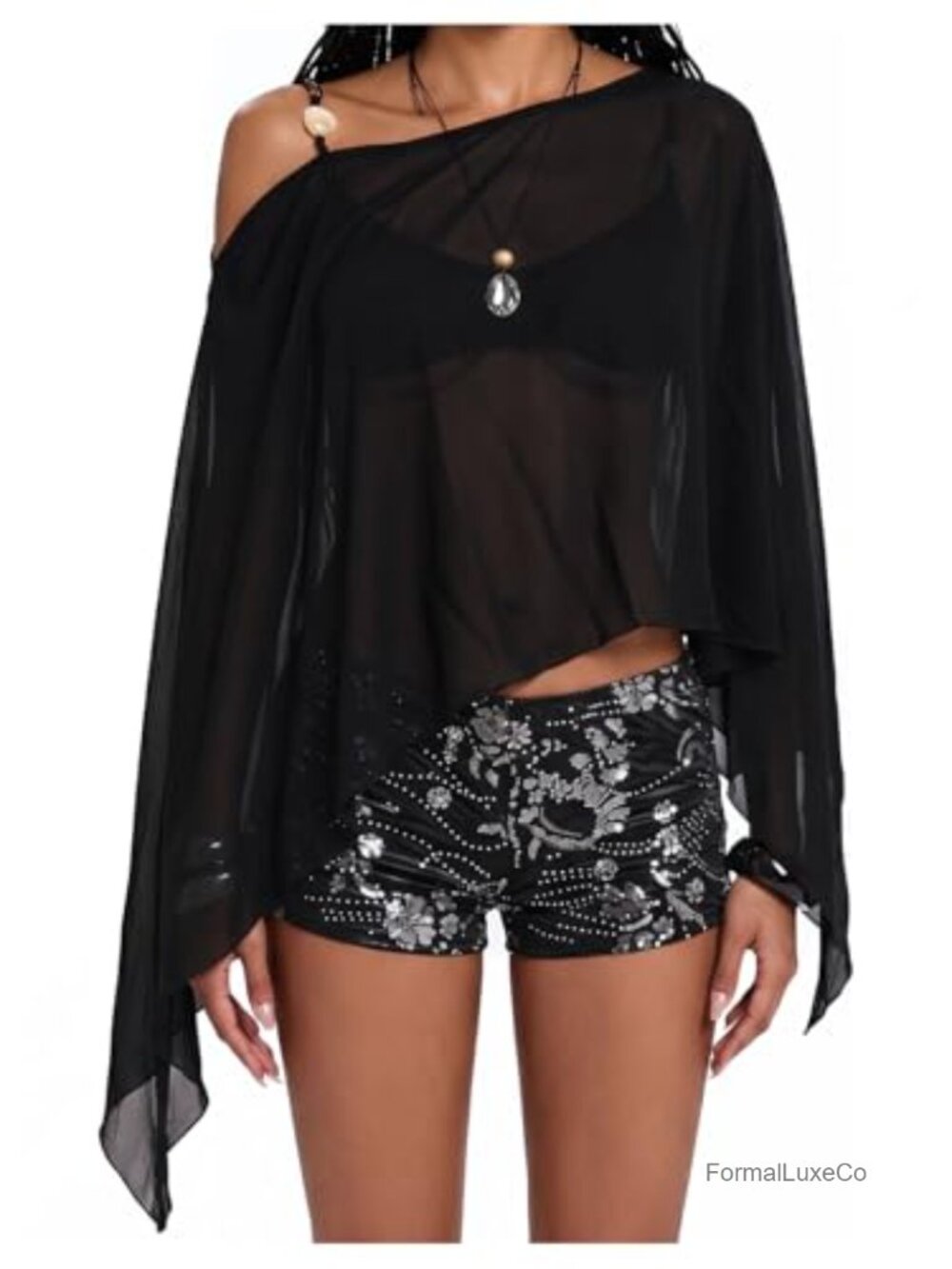 Sheer Off Shoulder Asymmetrical Flowy Cover Up Top Dolman Sleeve